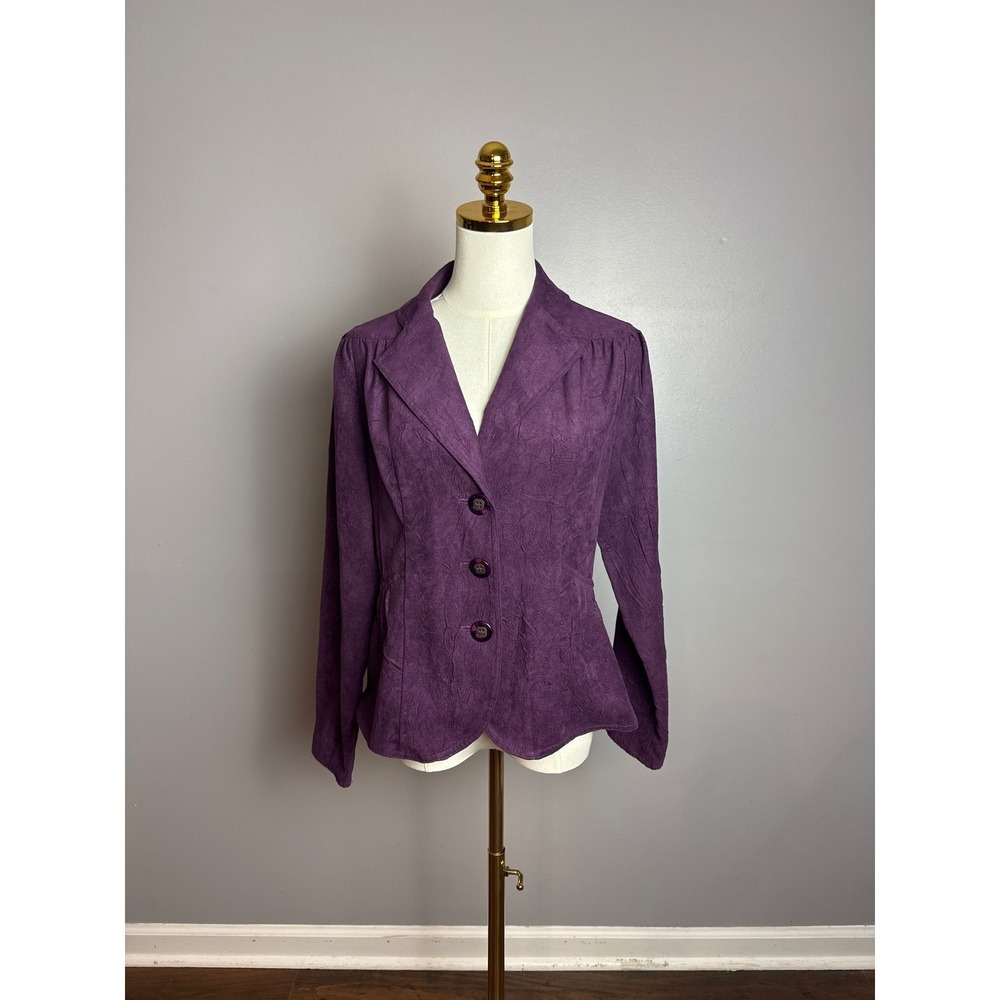 R.Q.T Blazer Womens Small Purple Excellent Crinkle Faux Suede 3-Button Jacket‎